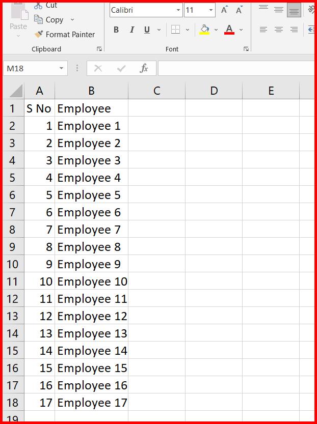 Picture showing the sample CSV file read using S3 select